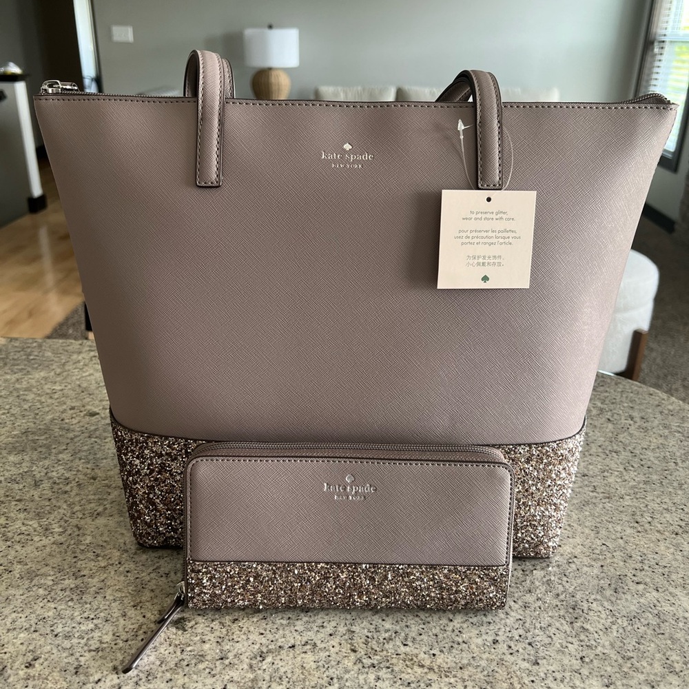 NWT Kate Spade Glitter Penny Tote + Glitter Neda Wallet